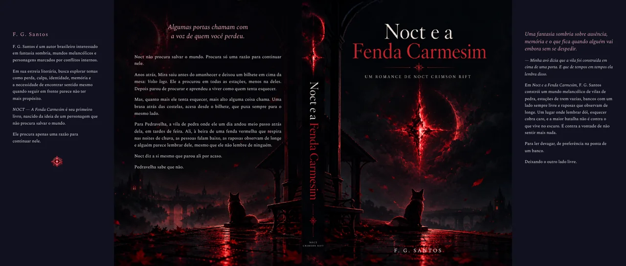 Arte completa do livro Noct e a Fenda Carmesim, com contracapa, lombada, capa e orelhas